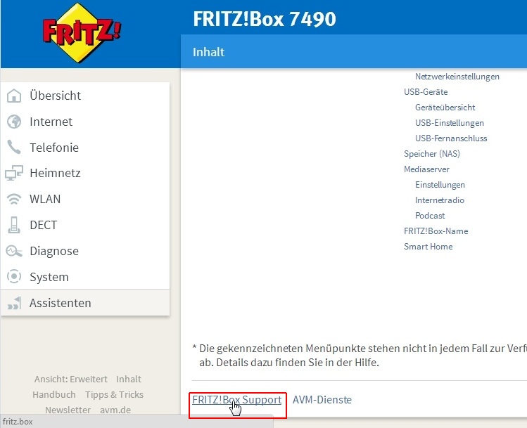 Auf FRITZ!Box Support klicken